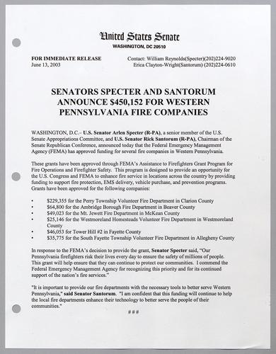 Senators Specter and Santorum announce $450,152 for western Pennsylvania fire companies