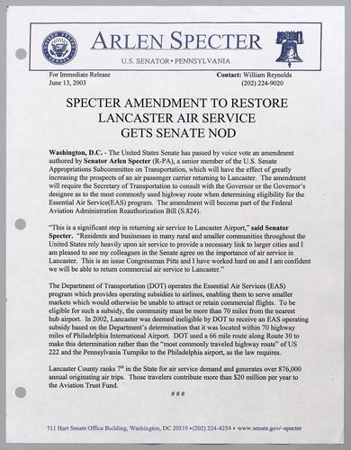 Specter amendment to restore Lancaster air service gets Senate nod