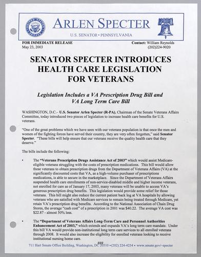 Senator Specter introduces health care legislation for veterans