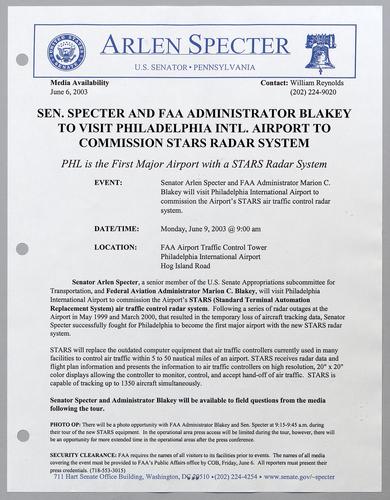 Senator Specter and FAA administrator Blakey to visit Philadelphia International Airport to commission STARS radar system