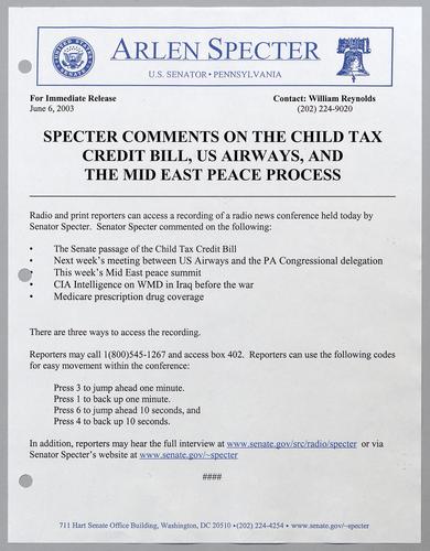 Specter comments on the child tax credit bill, U.S. Airways, and the Middle East peace process