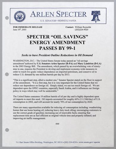 Specter "oil savings" energy amendment passes by 99-1