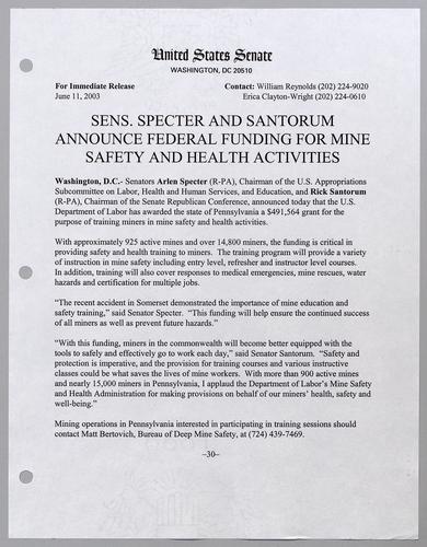 Senators Specter and Santorum announce federal funding for mine safety and health activities