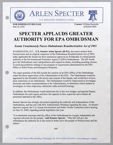 Specter applauds greater authority for EPA Ombudsman