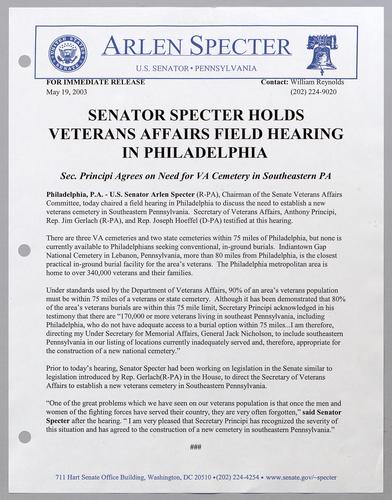 Senator Specter holds veterans affairs field hearing in Philadelphia