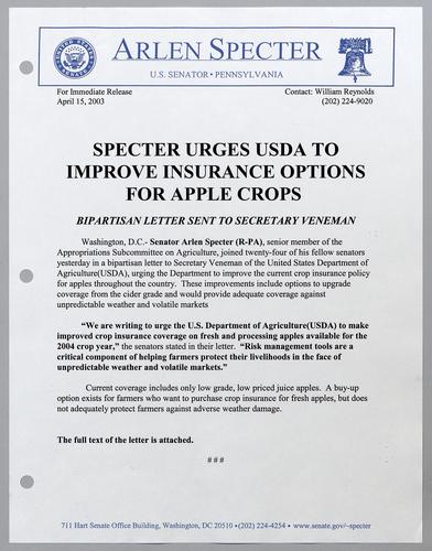 Specter urges USDA to improve insurance options for apple crops