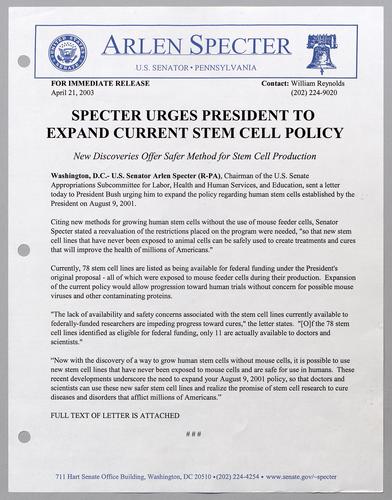 Specter urges President to expand current stem cell policy