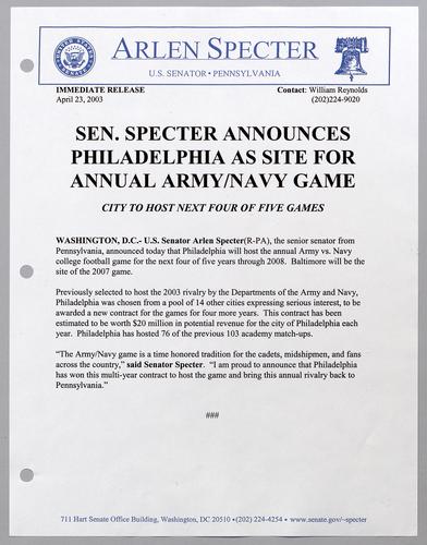 Senator Specter announces Philadelphia as site for annual Army/Navy game