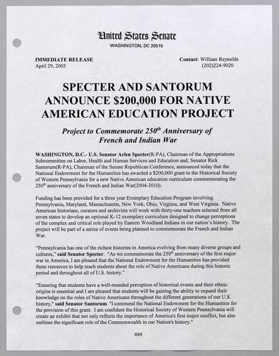 Specter and Santorum announce $200,000 for Native American education project