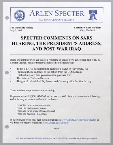 Specter comments on SARS hearing, the President's address, and post war Iraq