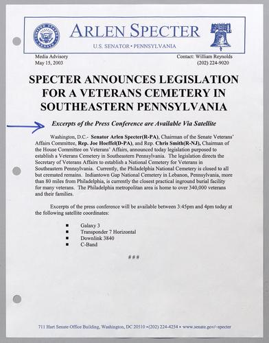 Specter announces legislation for a veterans cemetery in southeastern Pennsylvania