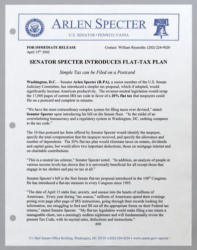 Senator Specter introduces flat-tax plan