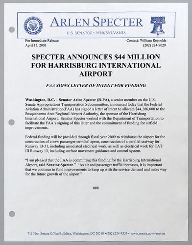 Specter announces $44 million for Harrisburg international airport