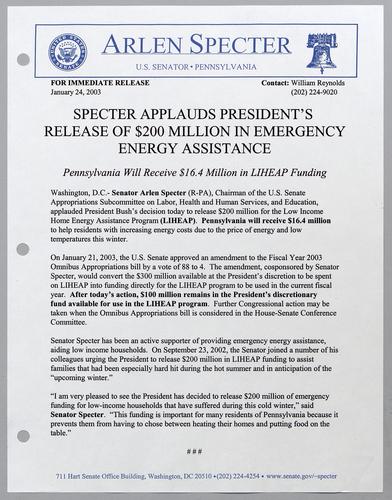 Specter applauds President's release of $200 million in emergency energy assistance