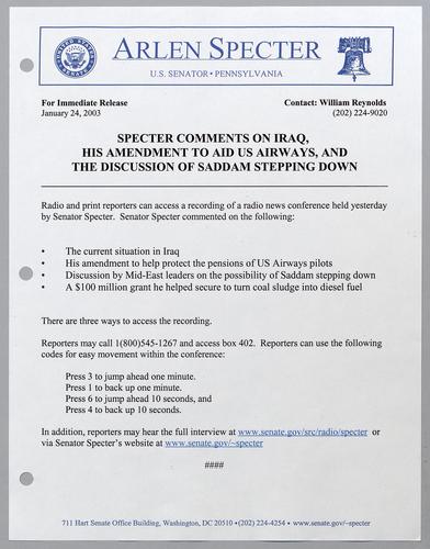 Specter comments on Iraq, his amendment to aid U.S. Airways, and the discussion of Saddam stepping down