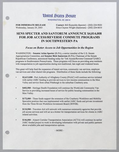 Senators Specter and Santorum announce $4,014,008 for job access/reverse commute programs in southwestern Pennsylvania