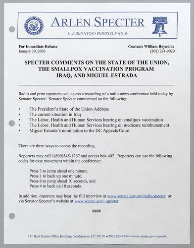 Specter comments on State of the Union, smallpox vaccination program, Iraq, and Miguel Estrada