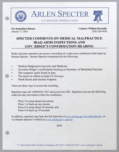 Specter comments on medical malpractice, Iraq arms inspections, and Governor Ridge's confirmation hearing