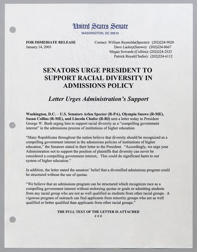 Senators urge President to support racial diversity in admissions policy