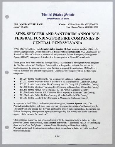 Senators Specter and Santorum announce federal funding for fire companies in central Pennsylvania