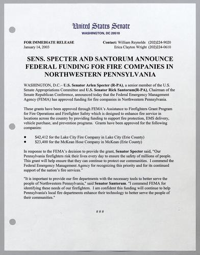 Senators Specter and Santorum announce federal funding for fire companies in northwestern Pennsylvania