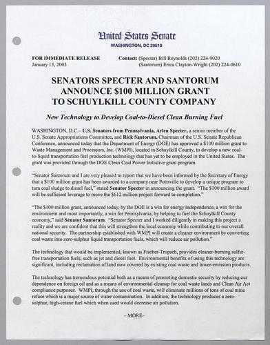 Senators Specter and Santorum announce $100 million grant to Schuylkill County company