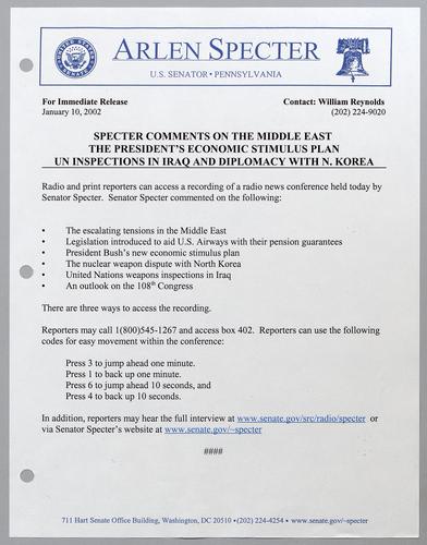 Specter comments on the Middle East, the President's economic stimulus plan, U.N. inspections in Iraq, and diplomacy with North Korea