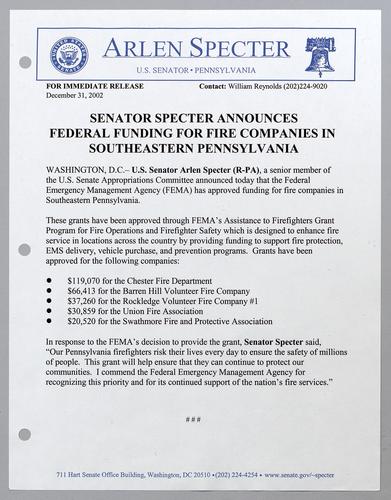 Senator Specter announces federal funding for fire companies in southeastern Pennsylvania