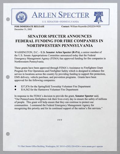 Senator Specter announces federal funding for fire companies in northwestern Pennsylvania