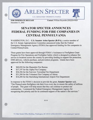 Senator Specter announces federal funding for fire companies in central Pennsylvania