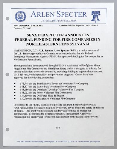 Senator Specter announces federal funding for fire companies in northeastern Pennsylvania