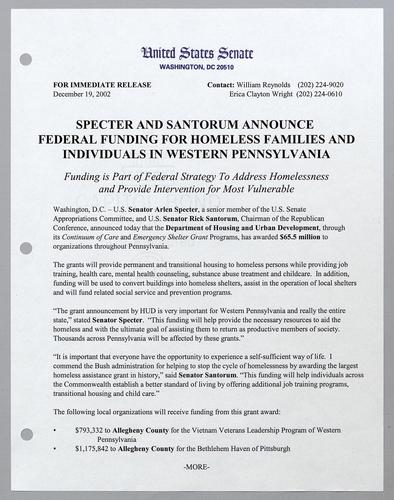 Specter and Santorum announce federal funding for homeless families and individuals in western Pennsylvania