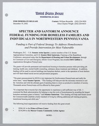 Specter and Santorum announce federal funding for homeless families and individuals in northwestern Pennsylvania