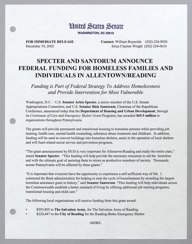 Specter and Santorum announce federal funding for homeless families and individuals in Allentown/Reading