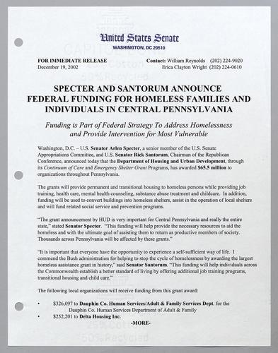 Specter and Santorum announce federal funding for homeless families and individuals in northeastern Pennsylvania