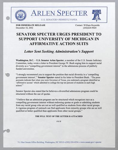 Senator Specter urges President to support University of Michigan in affirmative action suits