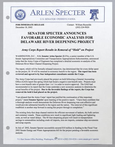 Senator Specter announces favorable economic analysis for Delaware River deepening project