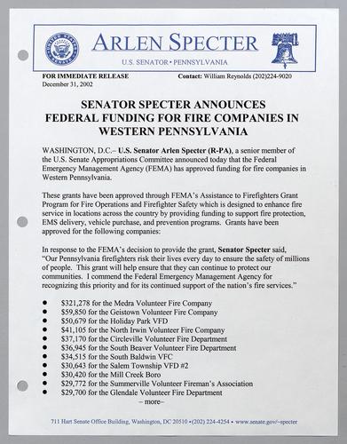 Senator Specter announces federal funding for fire companies in western Pennsylvania