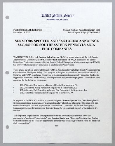 Senators Specter and Santorum announce $333,049 for southeastern Pennsylvania fire companies