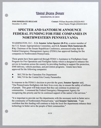 Specter and Santorum announce federal funding for fire companies in northwestern Pennsylvania