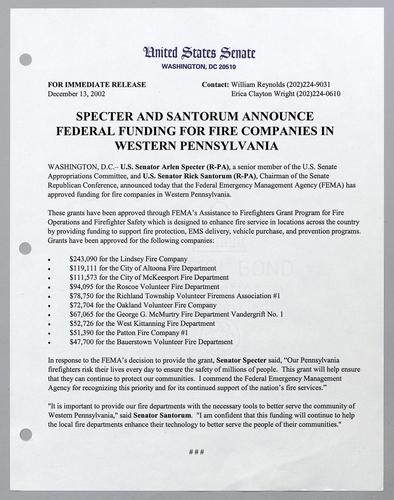 Specter and Santorum announce federal funding for fire companies in western Pennsylvania