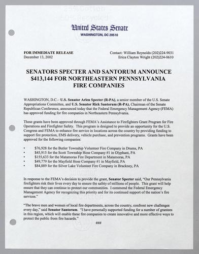 Senators Specter and Santorum announce $413,144 for northeastern Pennsylvania fire companies