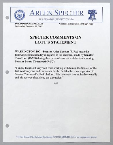 Specter comments on Lott's statement
