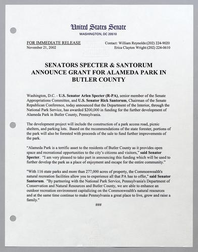 Senators Specter and Santorum announce grant for Alameda Park in Butler County