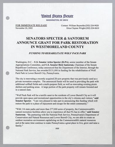 Senators Specter and Santorum announce grant for park restoration in Westmoreland County