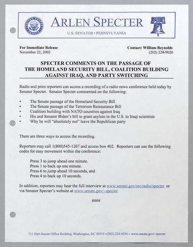 Specter comments on the passage of the homeland security bill, coalition building against Iraq, and party switching