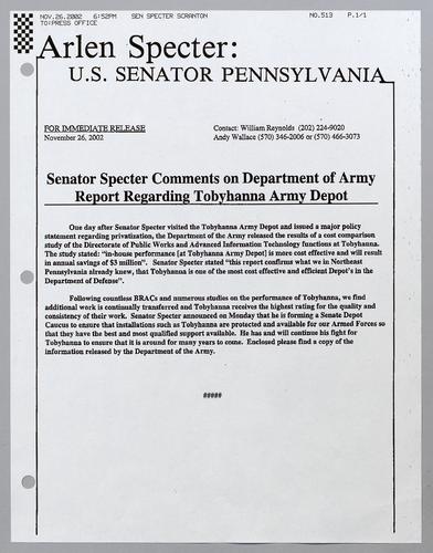 Senator Specter comments on Department of Army report regarding Tobyhanna Army Depot