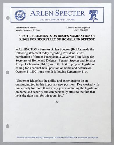 Specter comments on Bush's nomination of Ridge for Secretary of Homeland Defense