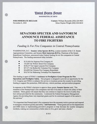 Senators Specter and Santorum announce federal assistance to fire fighters