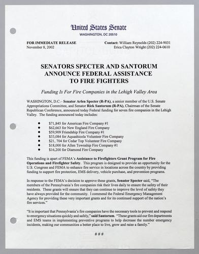 Senators Specter and Santorum announce federal assistance to fire fighters
